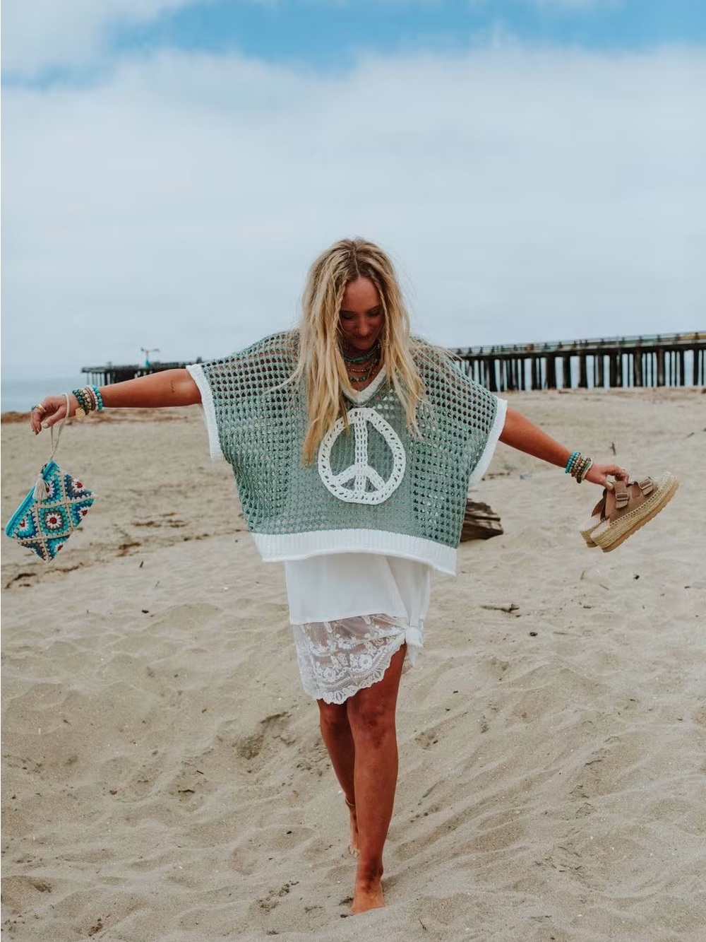 POL Boho Crochet Open Knit Peace Sign Top